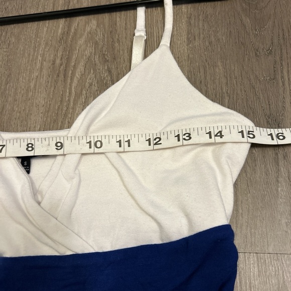Express Y2K Tri-Tone Spaghetti Strap Mini Dress - White, Blue, Black - Picture 6 of 6